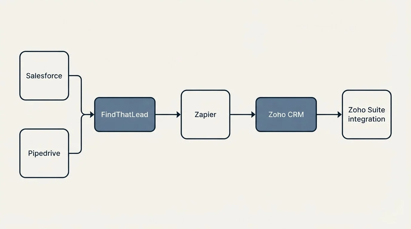 Integration flow: Integration Ecosystem (FindThatLead, Zoho CRM, Zapier, Salesforce)