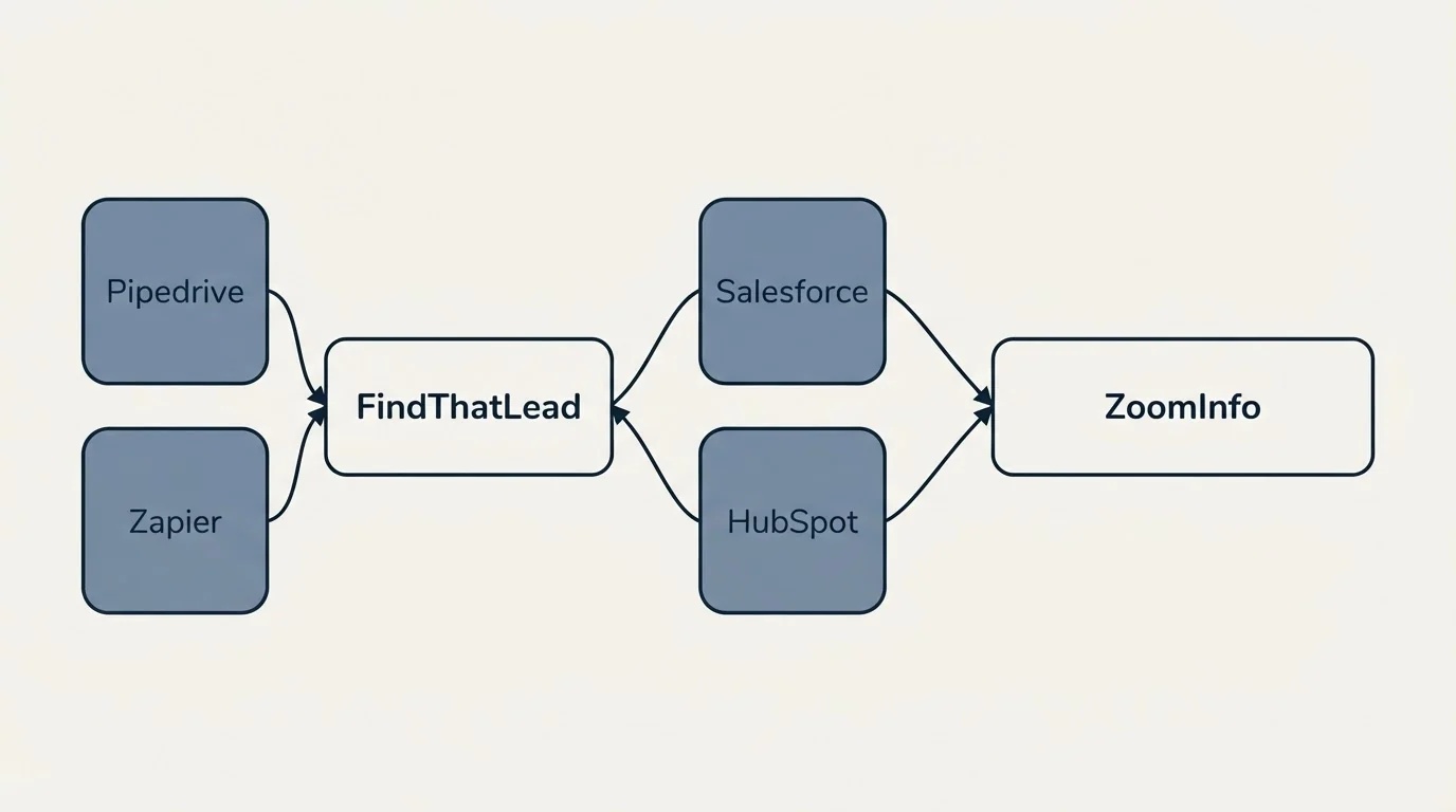 Integration schematic: Integration Ecosystem (FindThatLead, ZoomInfo, Salesforce, HubSpot)