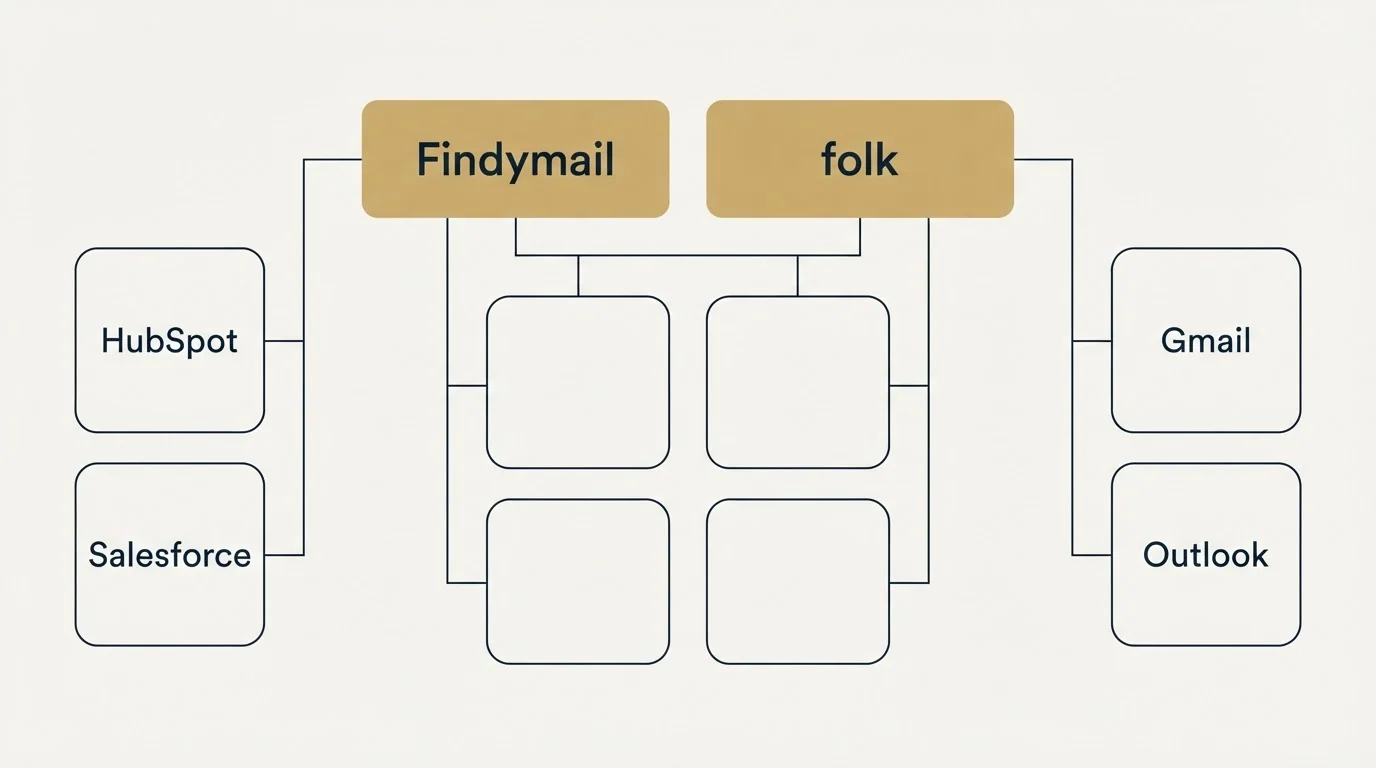 Integration grid: Integration Ecosystem (Findymail, folk, HubSpot, Gmail)
