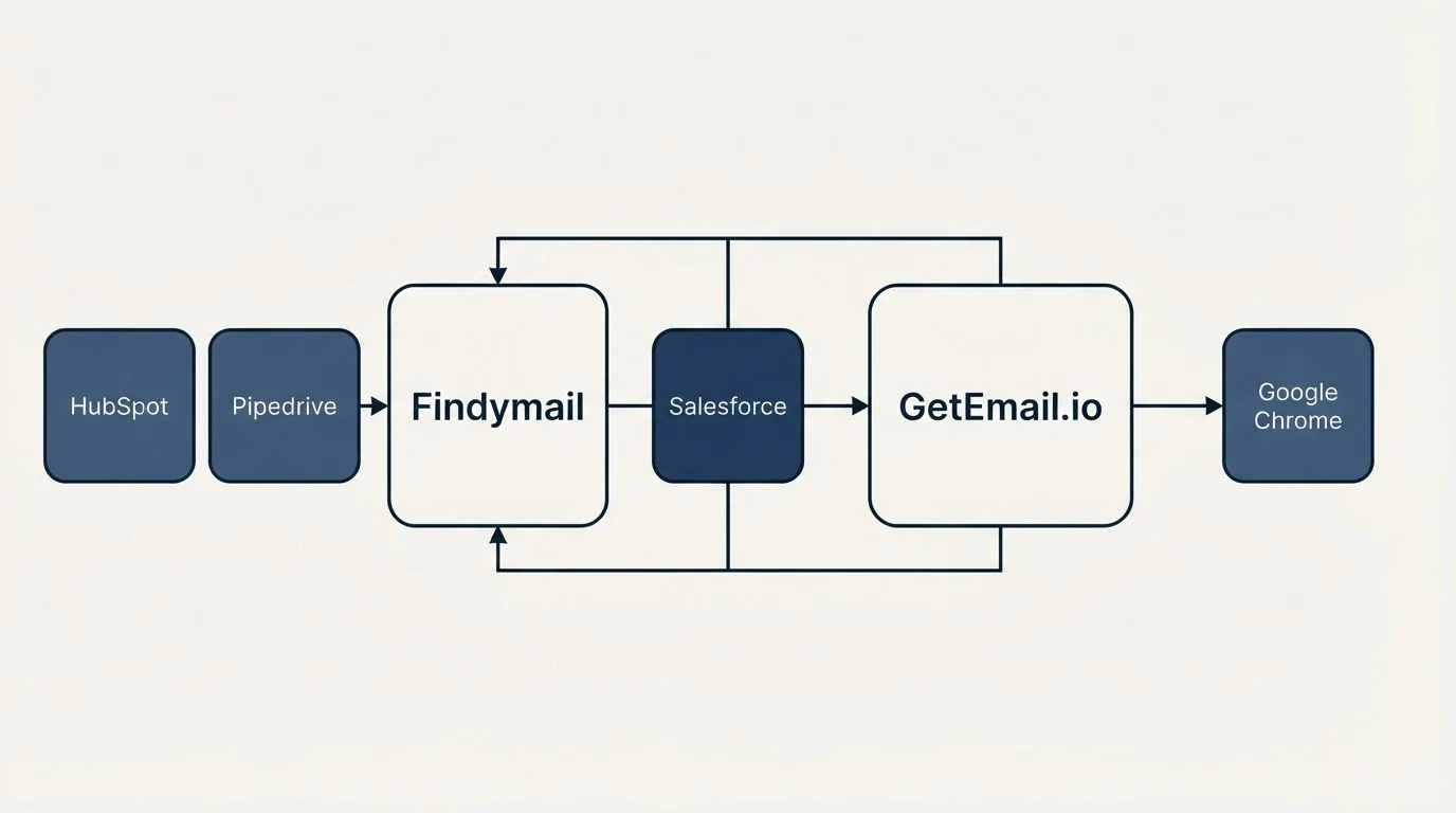 Integration schematic: Integration Ecosystem (Findymail, GetEmail.io, Salesforce, HubSpot)