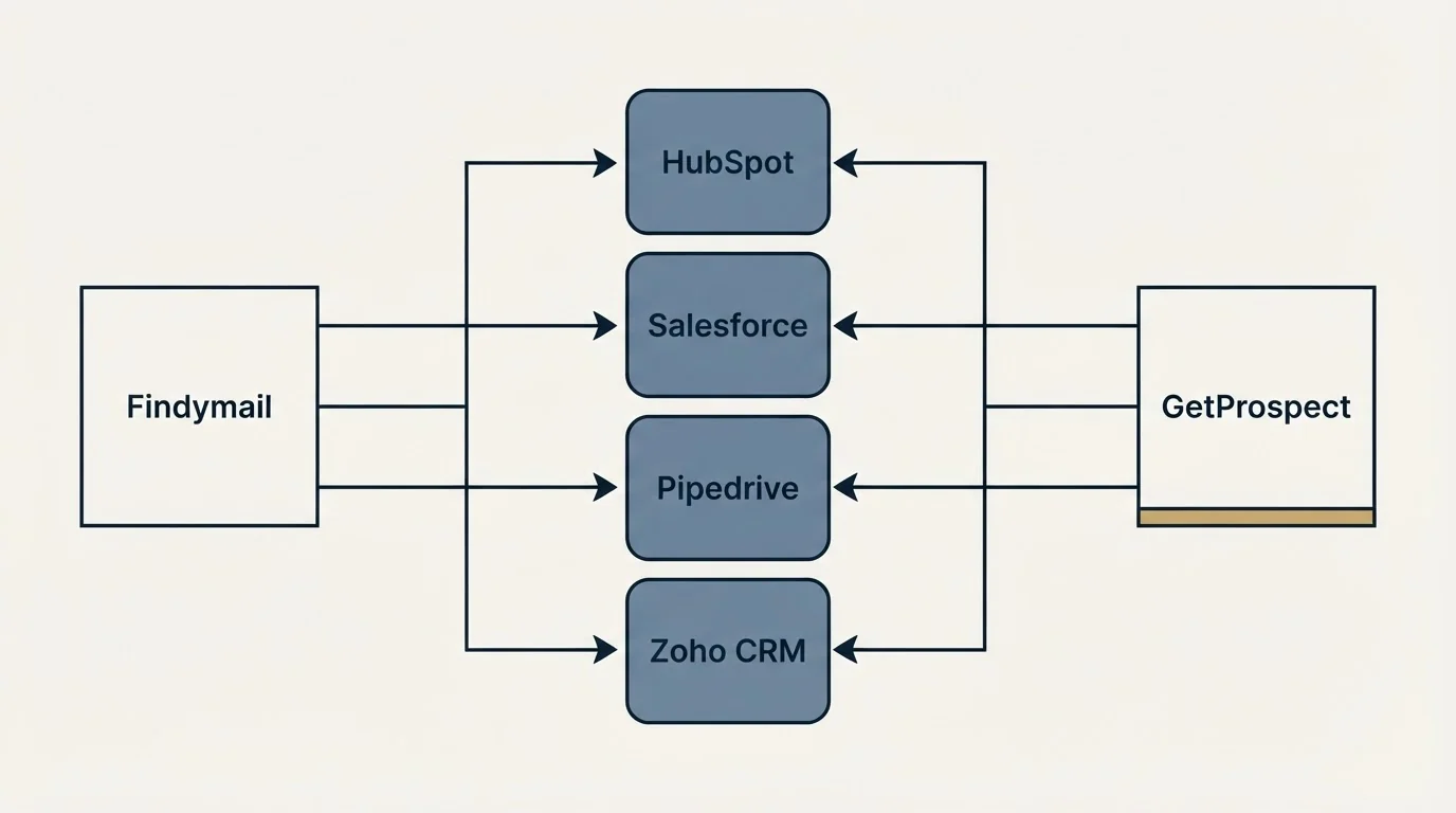 Integration flow: Integration Ecosystem (Findymail, GetProspect, HubSpot, Salesforce)