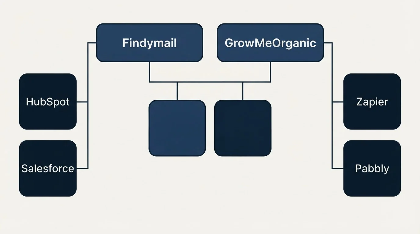 Integration grid: Integration Ecosystem (Findymail, GrowMeOrganic, HubSpot, Zapier)