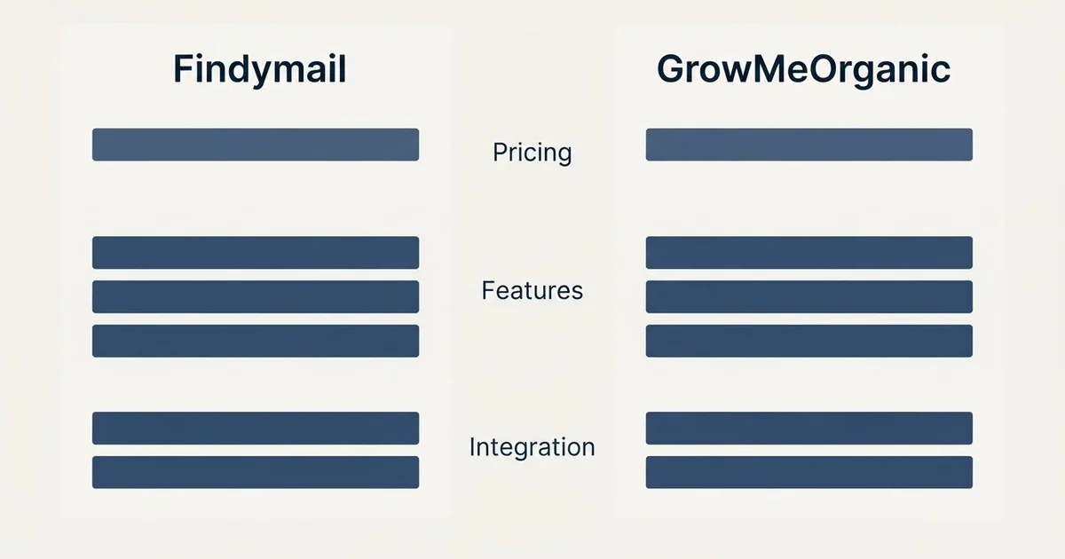 Comparison panel: Findymail vs GrowMeOrganic (Pricing, Features, Integration)