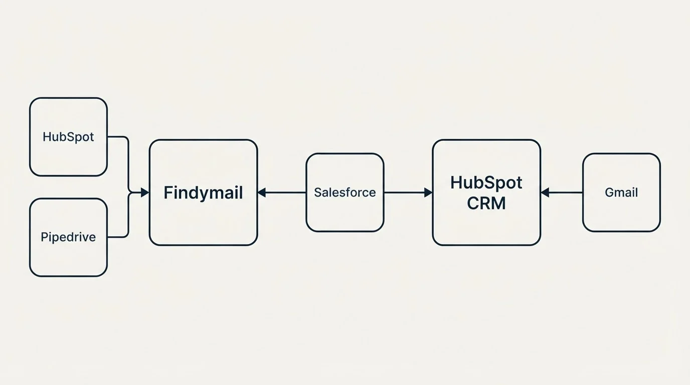 Integration schematic: Integration Ecosystem (Findymail, HubSpot CRM, Salesforce, HubSpot)