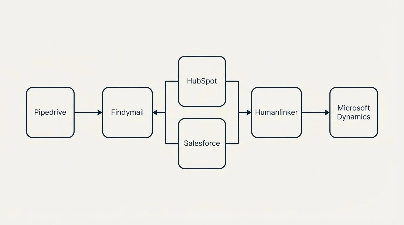 Integration flow: Integration Ecosystem (Findymail, Humanlinker, HubSpot, Salesforce)