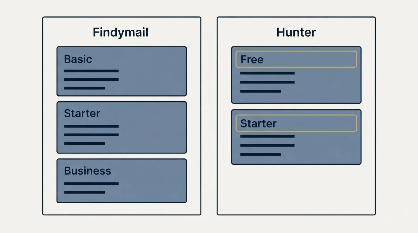 Pricing panels: Pricing Comparison (Findymail, Hunter, Basic, Free)