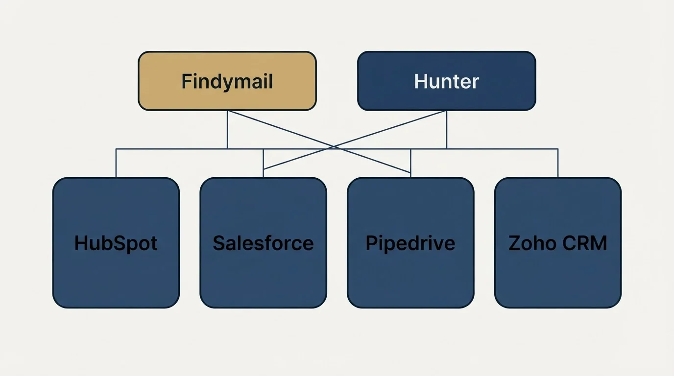 Integration grid: Integration Ecosystem (Findymail, Hunter, HubSpot, Salesforce)