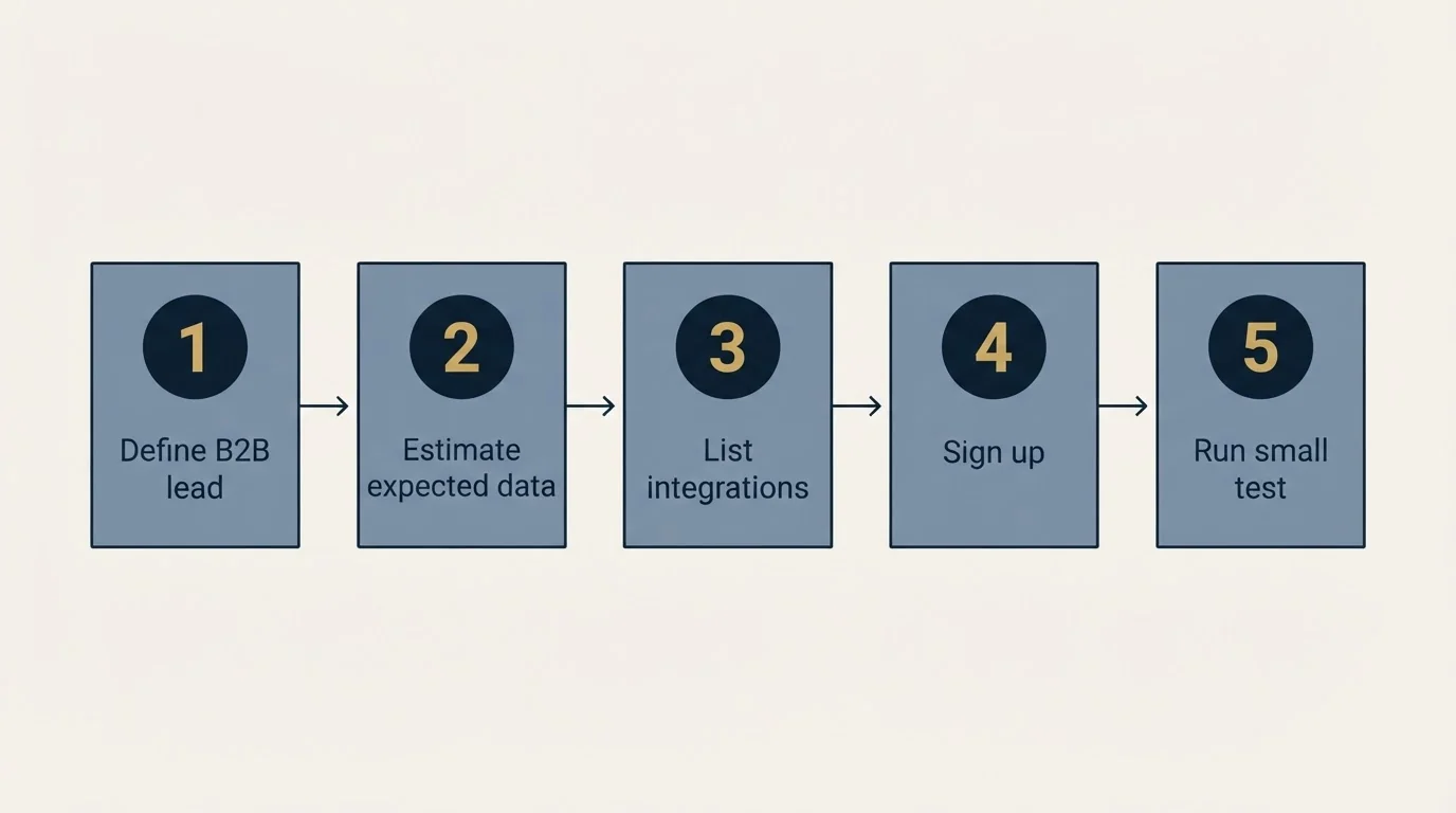 Step sequence: Getting Started Checklist (Define B2B lead, Estimate expected data, List integrations, Sign up)