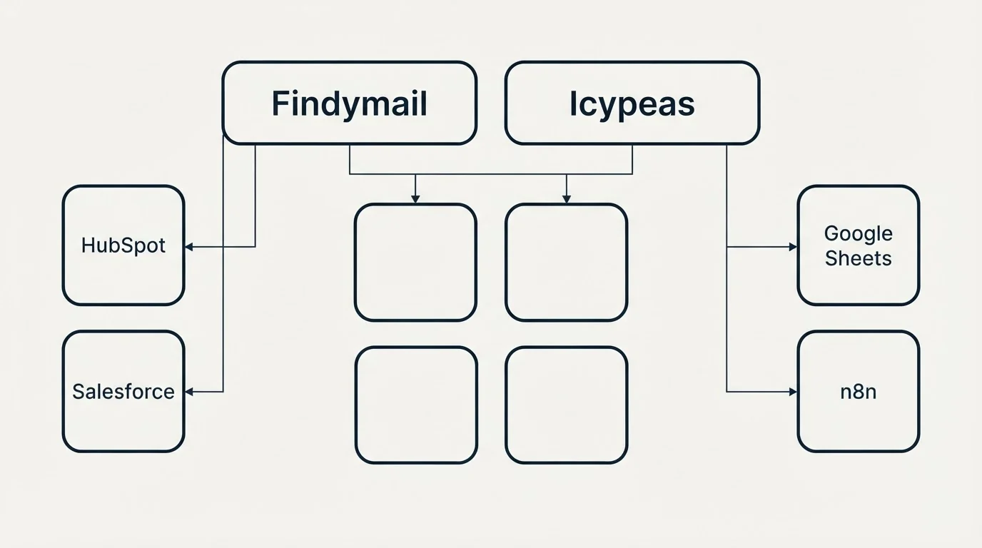 Integration grid: Integration Ecosystem (Findymail, Icypeas, HubSpot, Google Sheets)