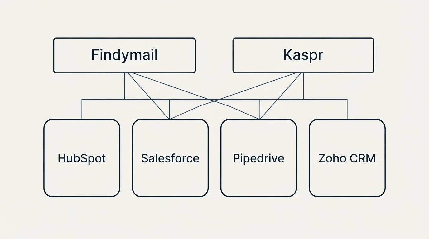 Integration grid: Integration Ecosystem (Findymail, Kaspr, HubSpot, Salesforce)