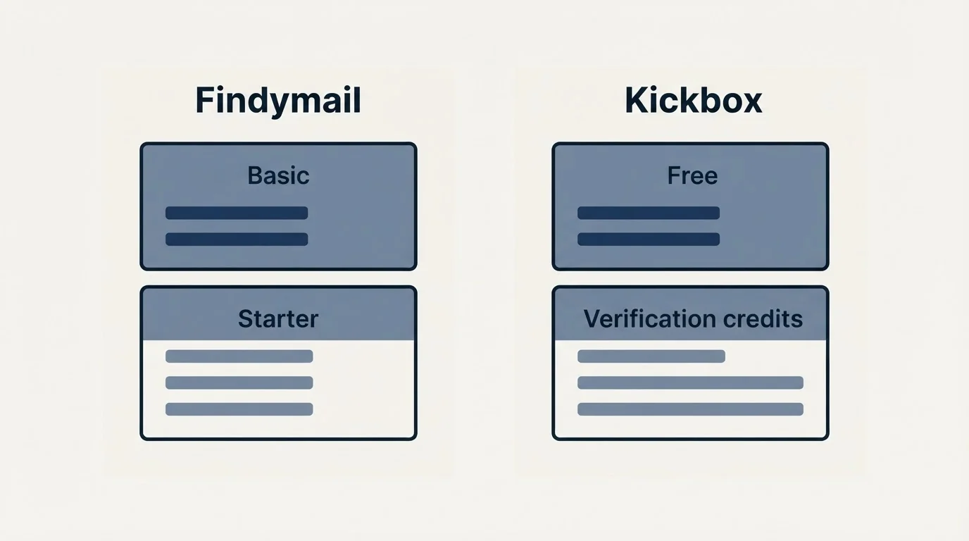 Pricing panels: Pricing Comparison (Findymail, Kickbox, Basic, Free)