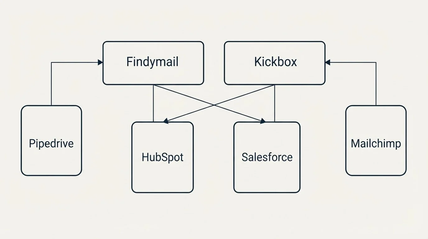 Integration grid: Integration Ecosystem (Findymail, Kickbox, HubSpot, Salesforce)