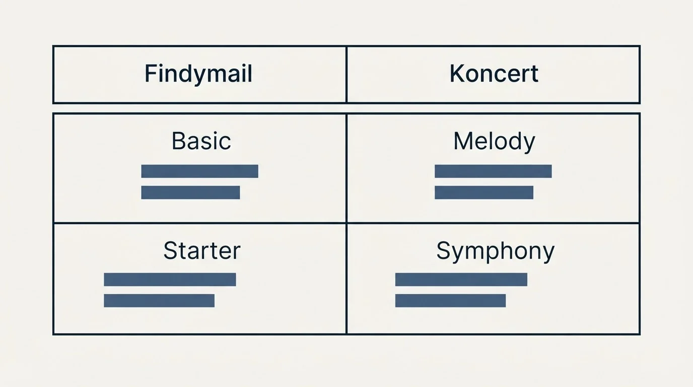 Pricing table: Pricing Comparison (Findymail, Koncert, Basic, Melody)
