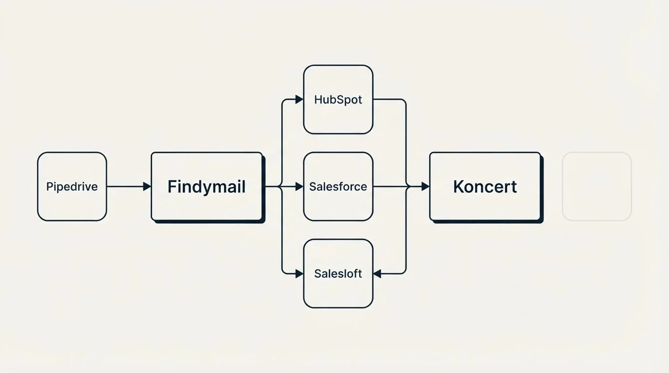 Integration flow: Integration Ecosystem (Findymail, Koncert, HubSpot, Salesforce)