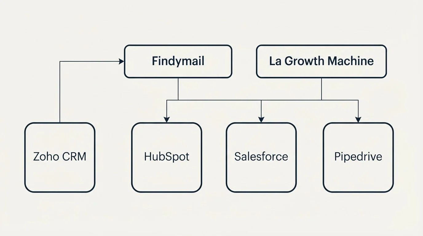 Integration grid: Integration Ecosystem (Findymail, La Growth Machine, HubSpot, Salesforce)
