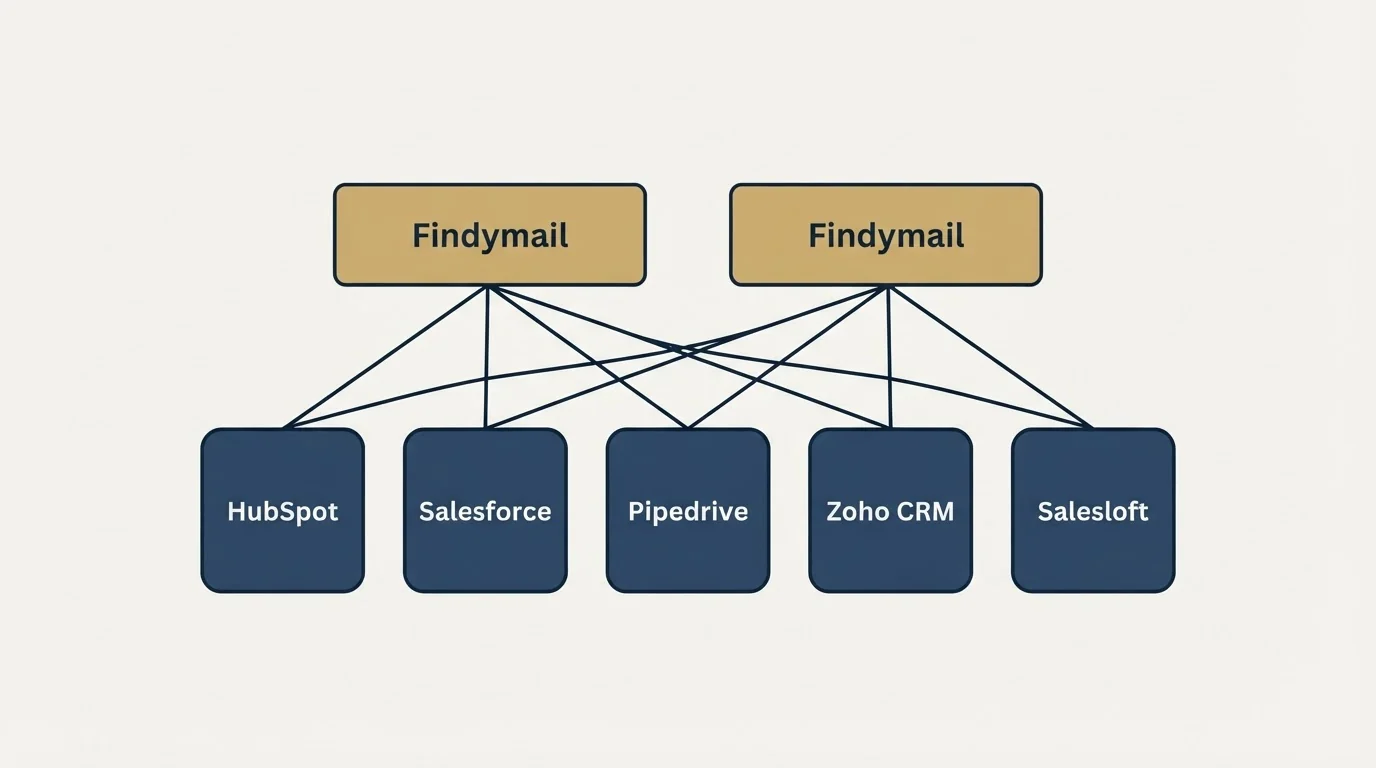 Integration schematic: Integration Ecosystem (Findymail, HubSpot, Salesforce, Pipedrive)
