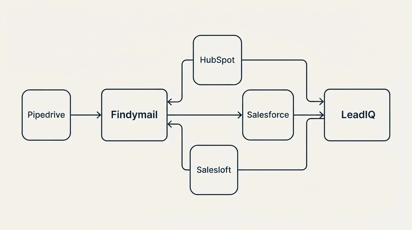 Integration schematic: Integration Ecosystem (Findymail, LeadIQ, HubSpot, Salesforce)