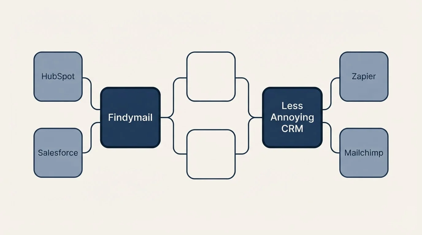 Integration schematic: Integration Ecosystem (Findymail, Less Annoying CRM, HubSpot, Zapier)