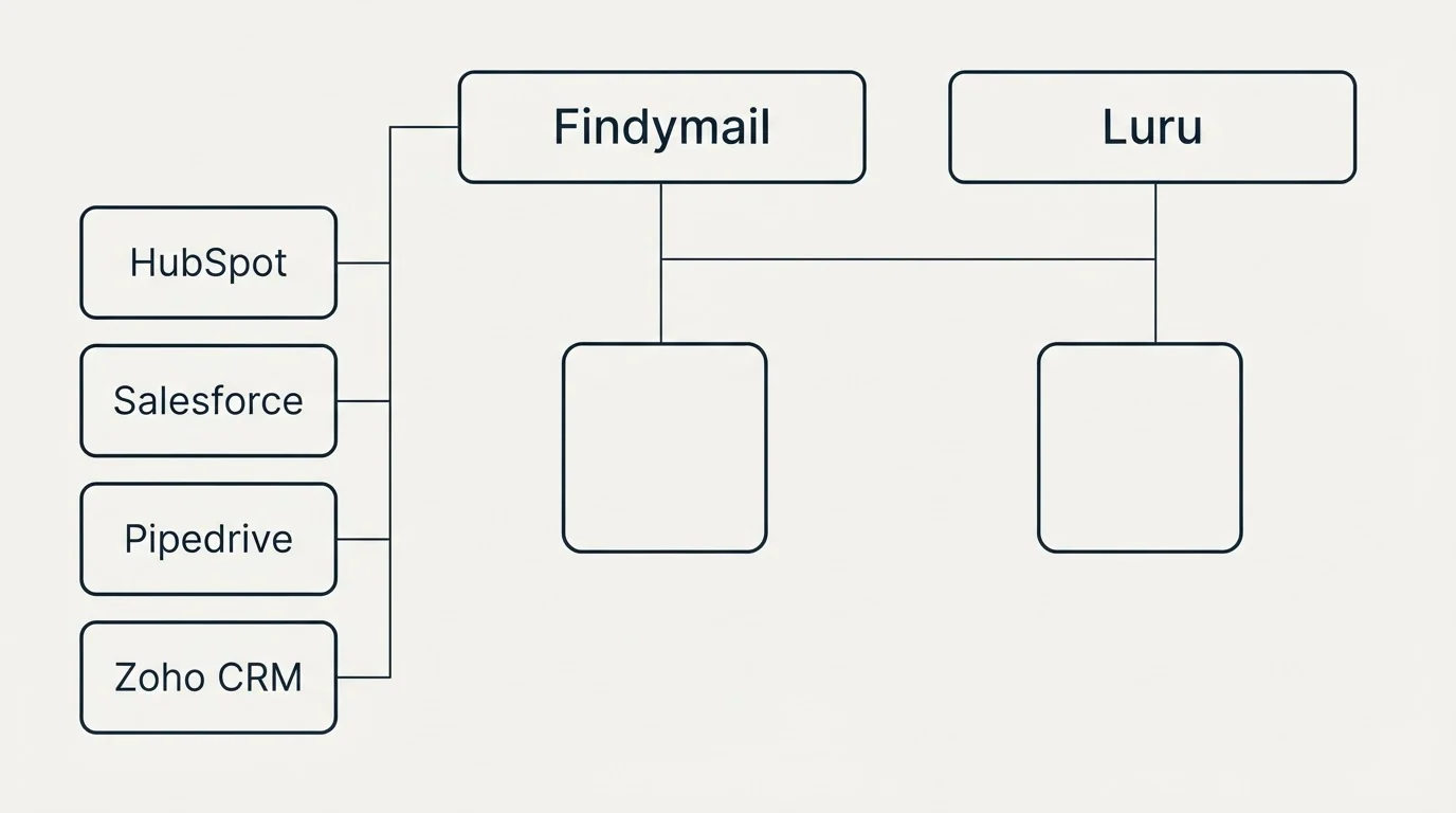 Integration grid: Integration Ecosystem (Findymail, Luru, HubSpot, Salesforce)