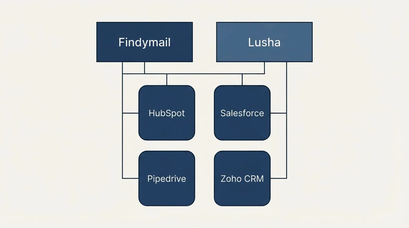 Integration grid: Integration Ecosystem (Findymail, Lusha, HubSpot, Salesforce)