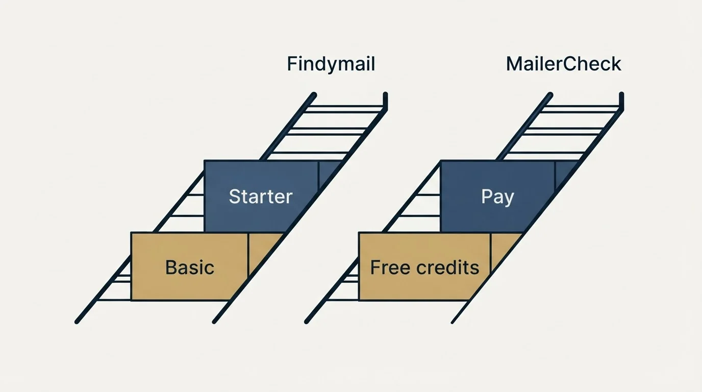 Pricing ladder: Pricing Comparison (Findymail, MailerCheck, Basic, Free credits)