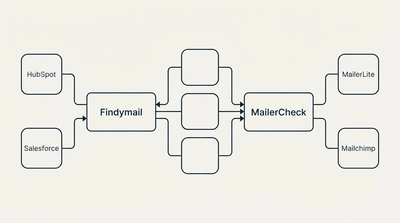 Integration flow: Integration Ecosystem (Findymail, MailerCheck, HubSpot, MailerLite)