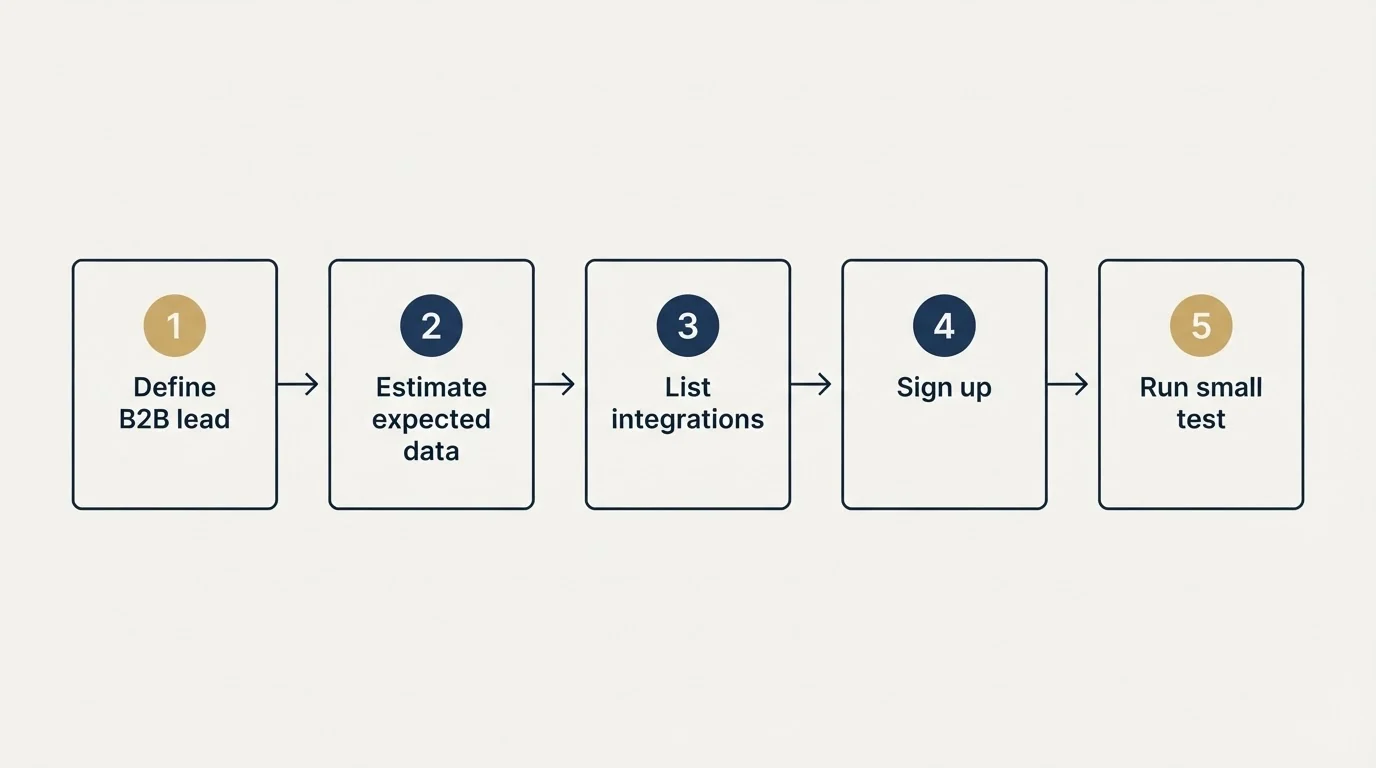 Step sequence: Getting Started Checklist (Define B2B lead, Estimate expected data, List integrations, Sign up)