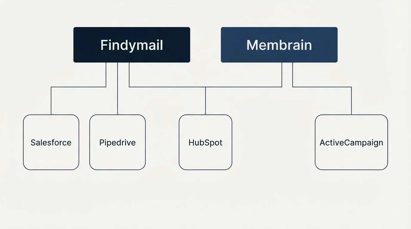 Integration grid: Integration Ecosystem (Findymail, Membrain, HubSpot, Salesforce)