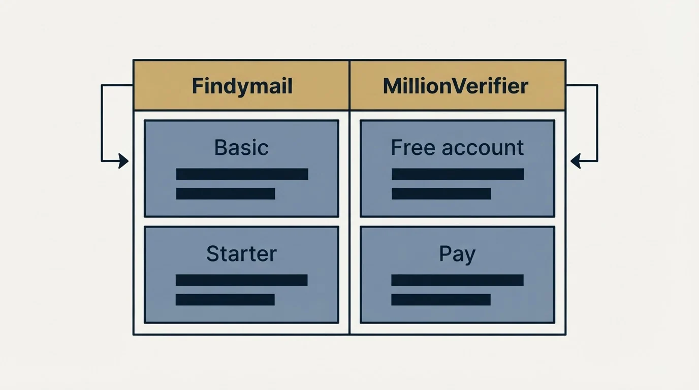 Pricing table: Pricing Comparison (Findymail, MillionVerifier, Basic, Free account)