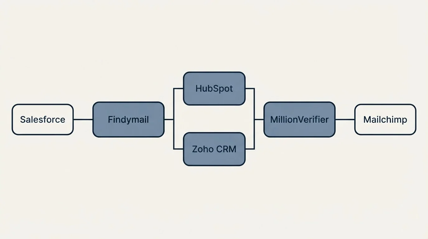 Integration flow: Integration Ecosystem (Findymail, MillionVerifier, HubSpot, Zoho CRM)