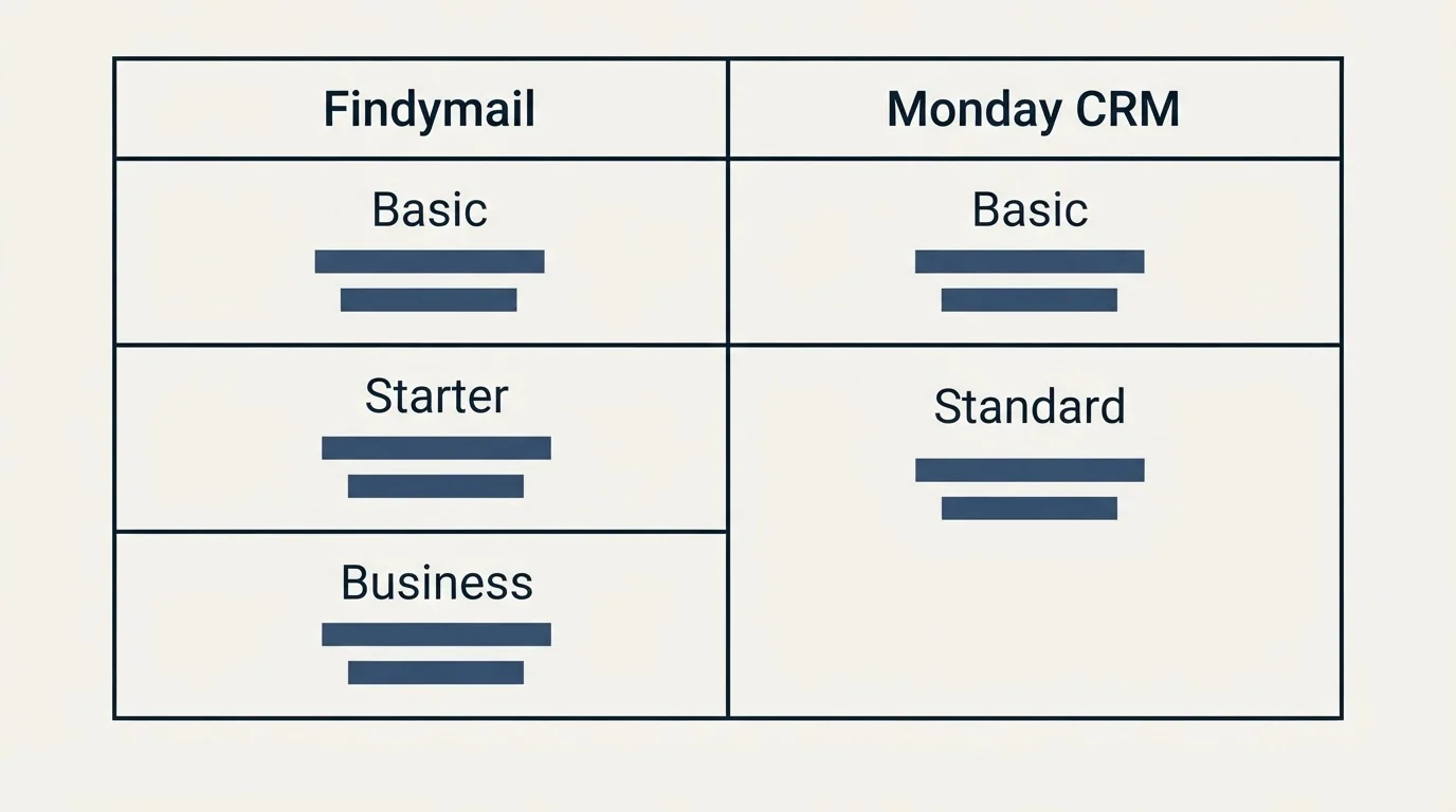 Pricing table: Pricing Comparison (Findymail, Monday CRM, Basic, Starter)