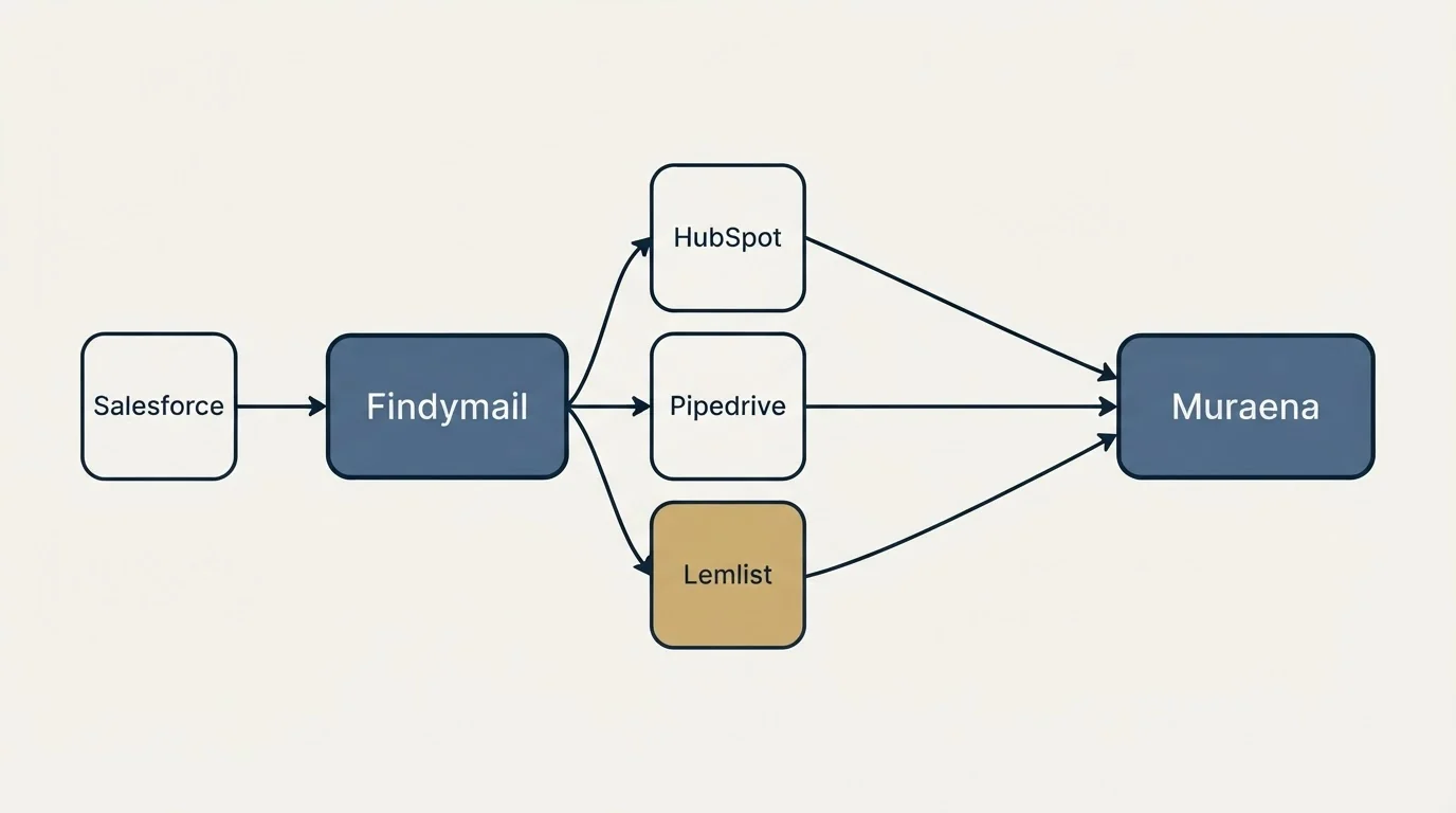 Integration schematic: Integration Ecosystem (Findymail, Muraena, HubSpot, Pipedrive)