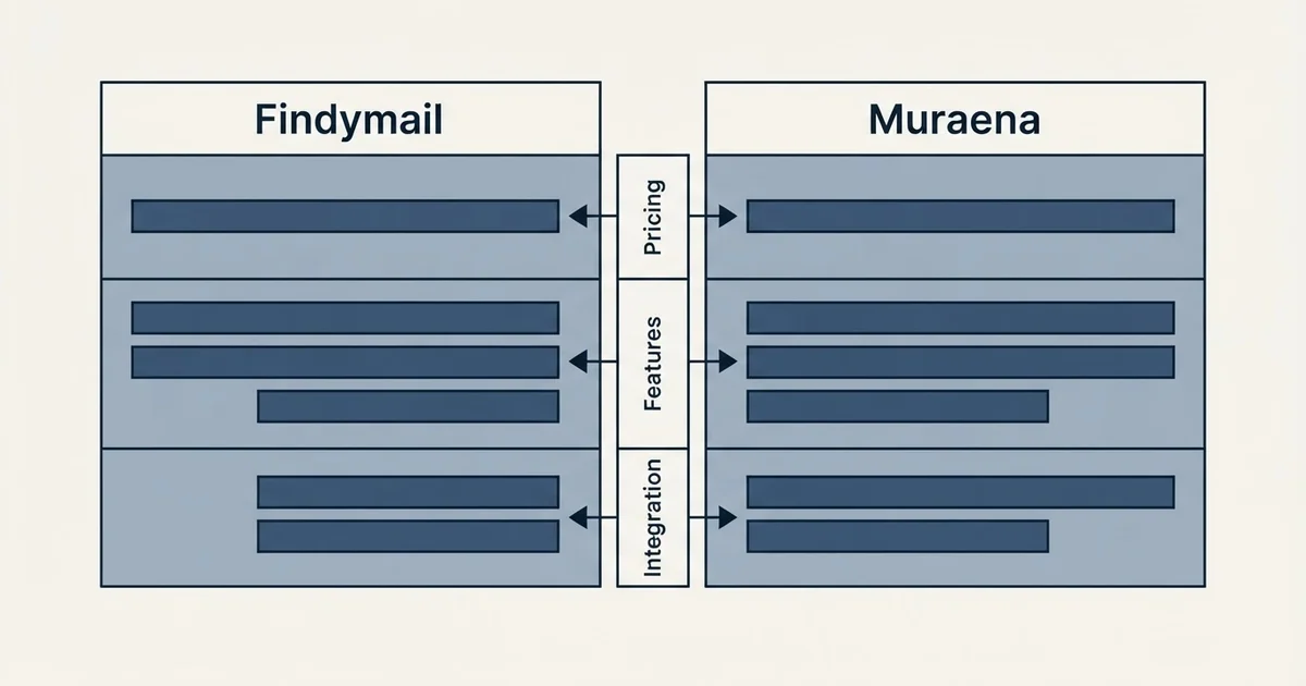 Comparison panel: Findymail vs Muraena (Pricing, Features, Integration)