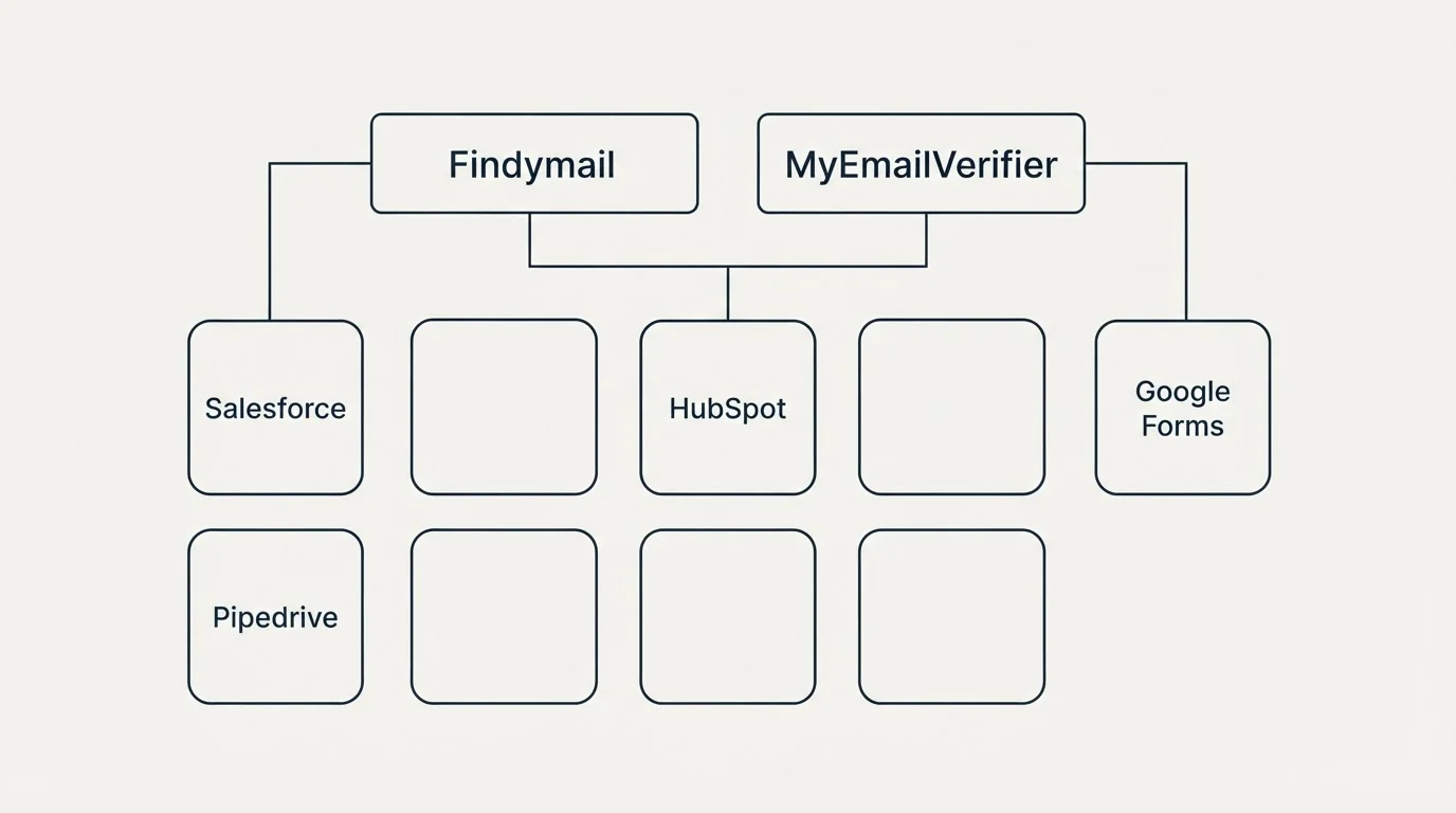 Integration grid: Integration Ecosystem (Findymail, MyEmailVerifier, HubSpot, Salesforce)