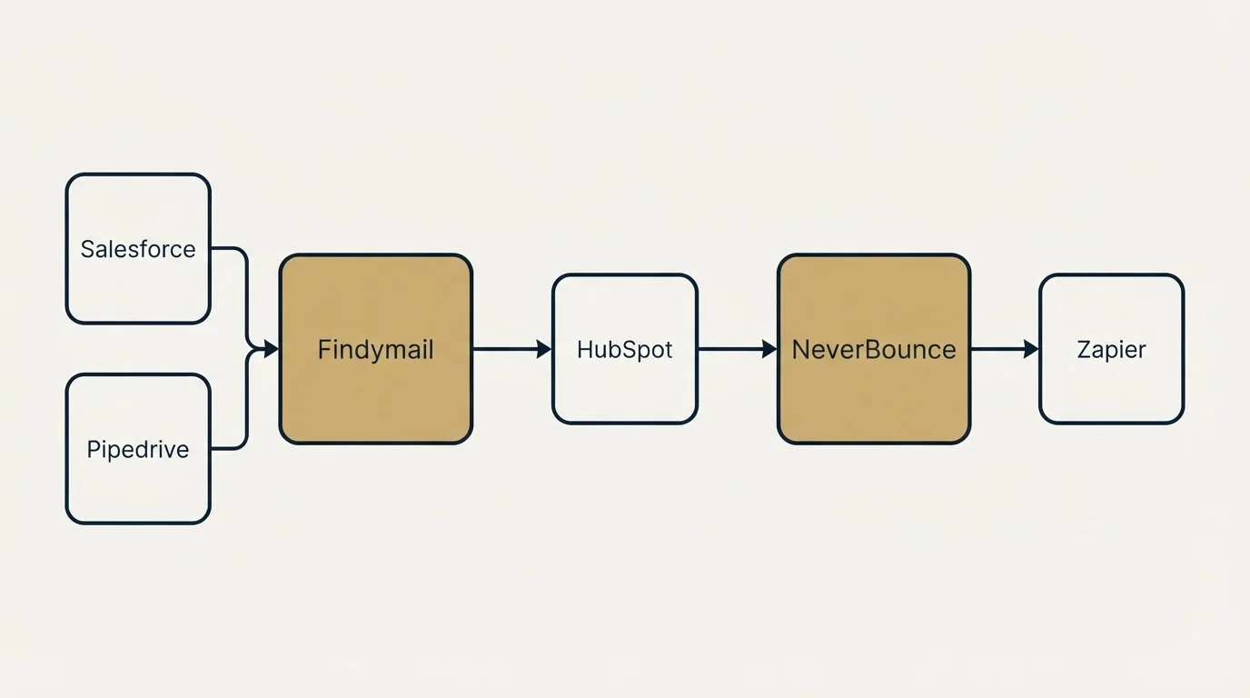 Integration schematic: Integration Ecosystem (Findymail, NeverBounce, HubSpot, Salesforce)