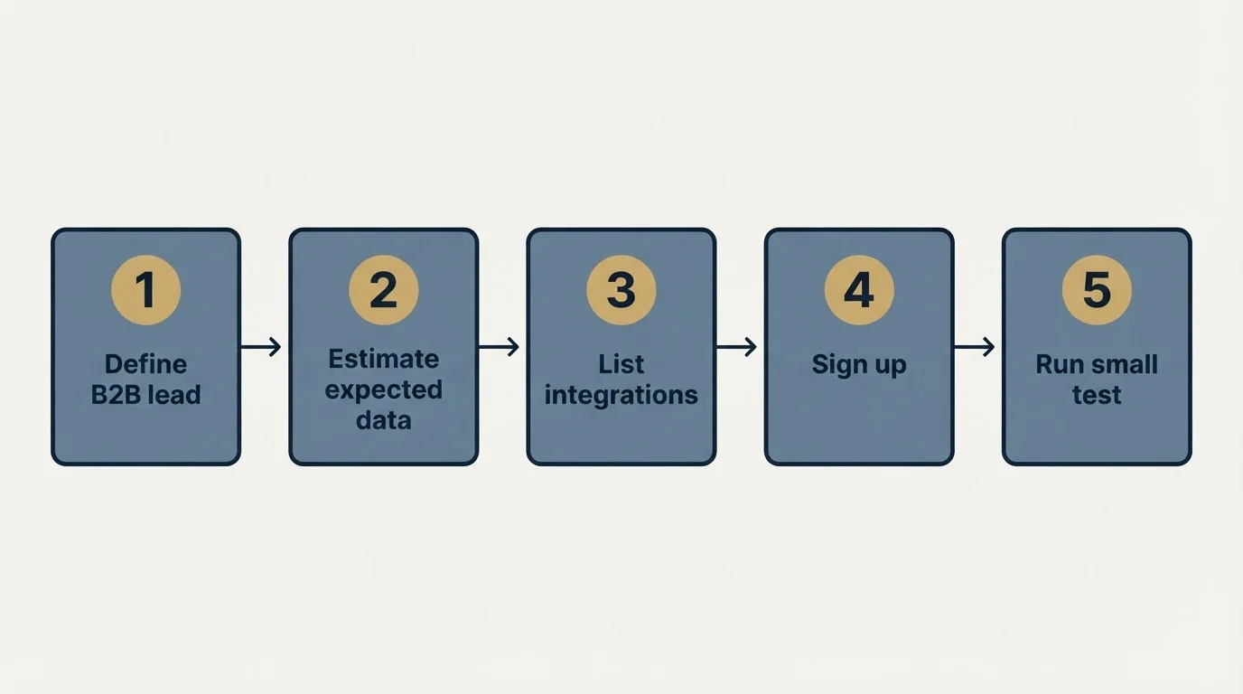 Step sequence: Getting Started Checklist (Define B2B lead, Estimate expected data, List integrations, Sign up)