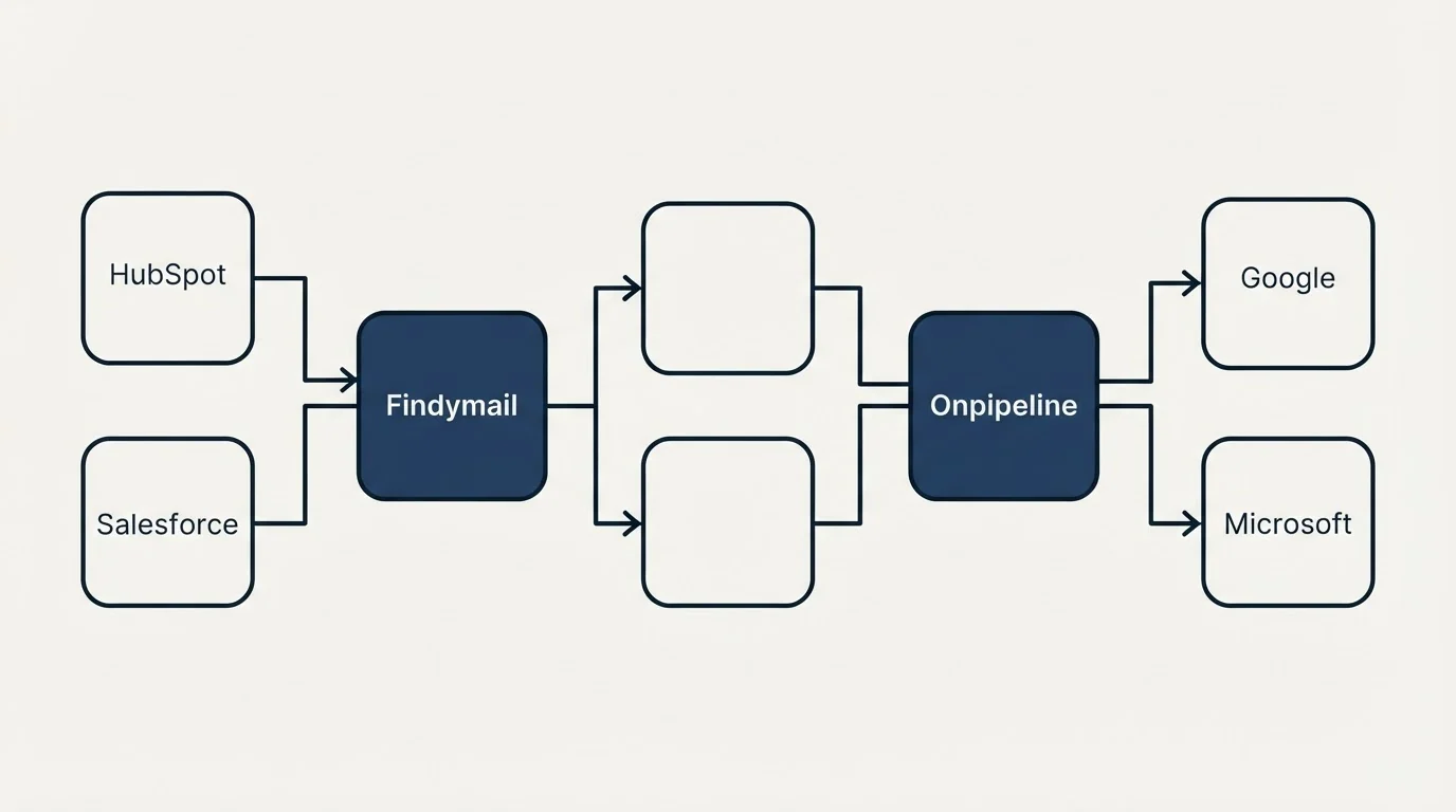 Integration schematic: Integration Ecosystem (Findymail, Onpipeline, HubSpot, Google)