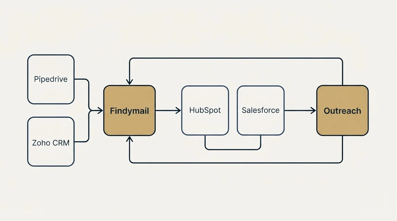 Integration schematic: Integration Ecosystem (Findymail, Outreach, HubSpot, Salesforce)