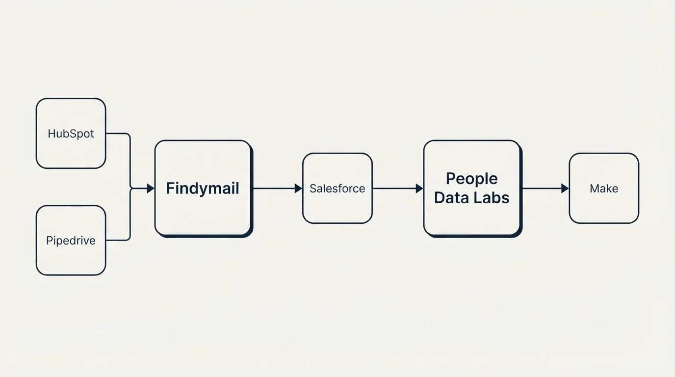 Integration flow: Integration Ecosystem (Findymail, People Data Labs, Salesforce, HubSpot)