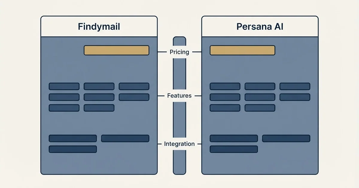 Comparison panel: Findymail vs Persana AI (Pricing, Features, Integration)