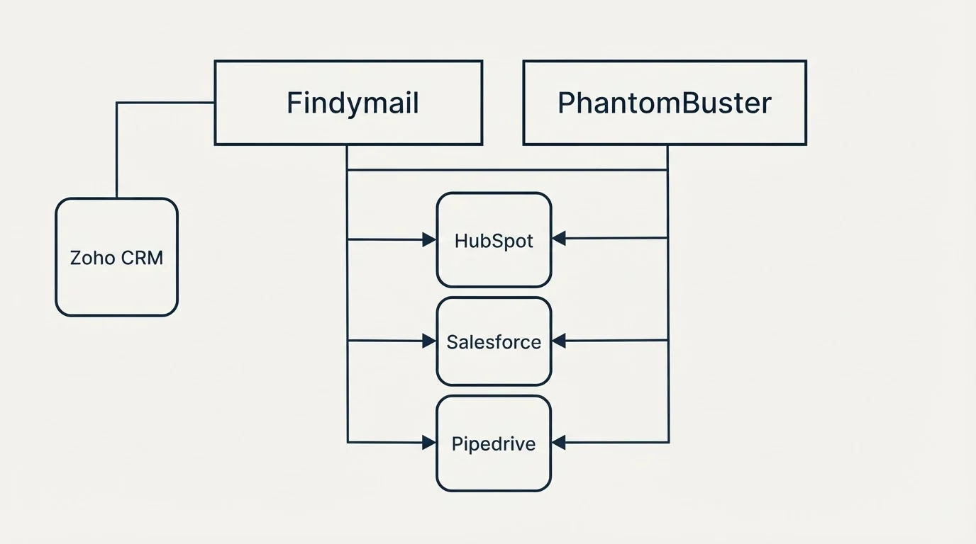 Integration grid: Integration Ecosystem (Findymail, PhantomBuster, HubSpot, Salesforce)