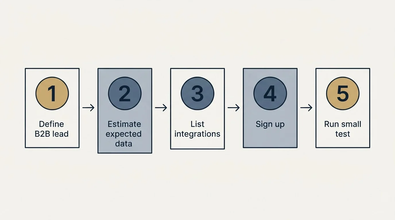 Step sequence: Getting Started Checklist (Define B2B lead, Estimate expected data, List integrations, Sign up)