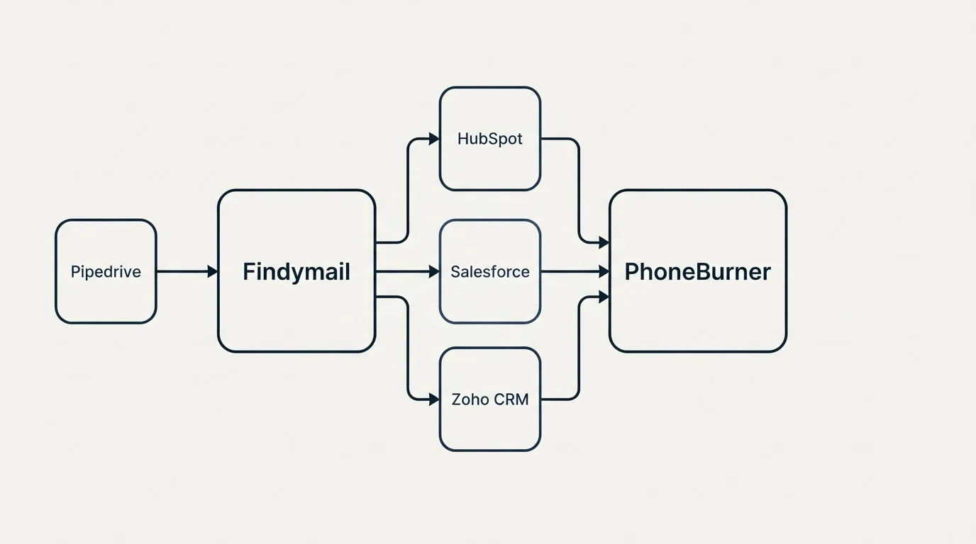 Integration schematic: Integration Ecosystem (Findymail, PhoneBurner, HubSpot, Salesforce)