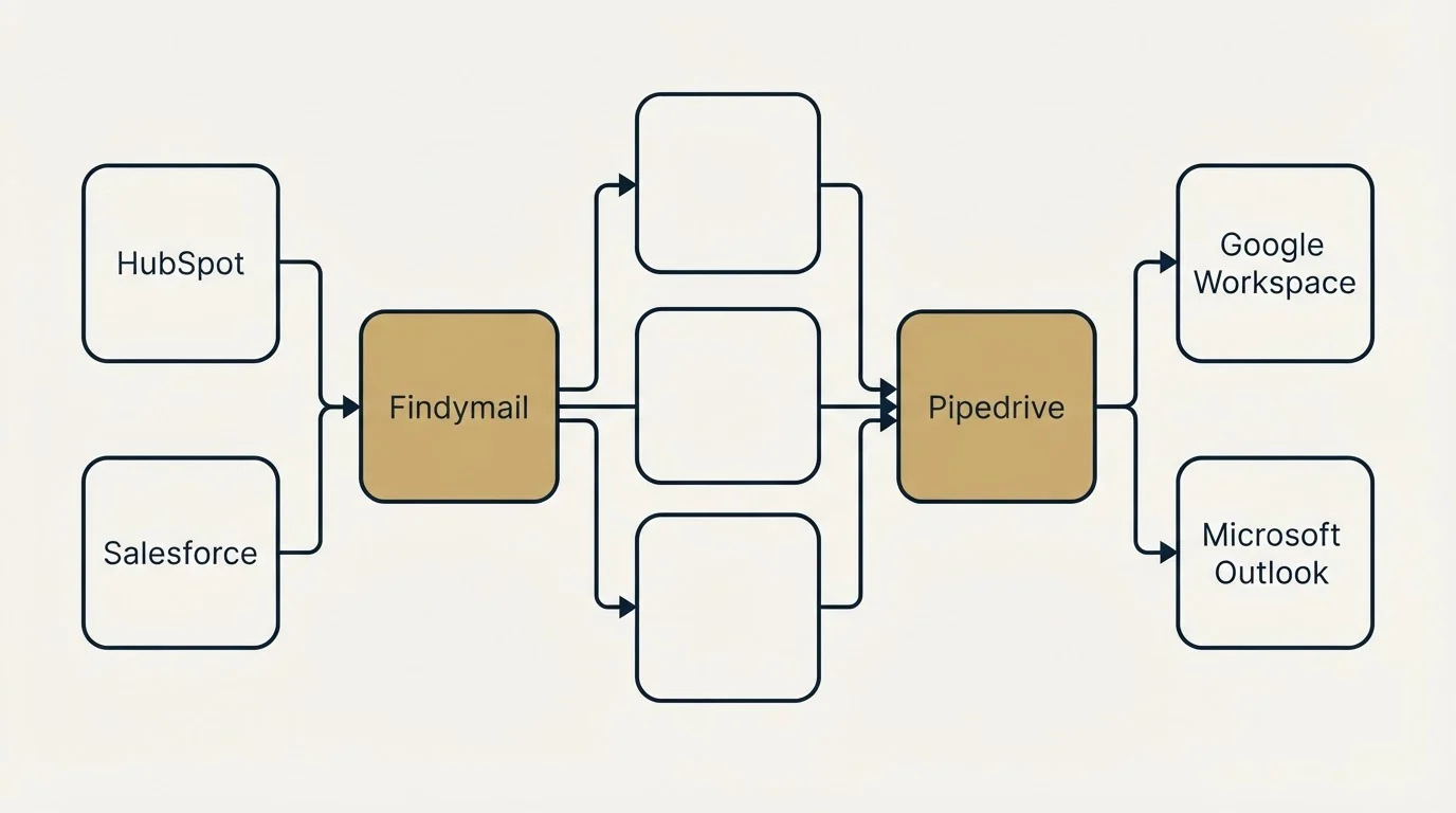 Integration schematic: Integration Ecosystem (Findymail, Pipedrive, HubSpot, Google Workspace)