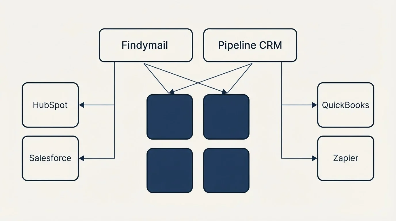 Integration grid: Integration Ecosystem (Findymail, Pipeline CRM, HubSpot, QuickBooks)