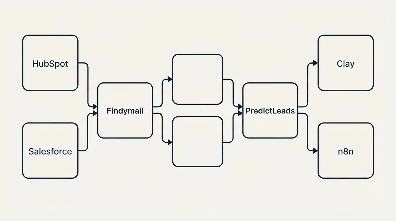 Integration schematic: Integration Ecosystem (Findymail, PredictLeads, HubSpot, Clay)