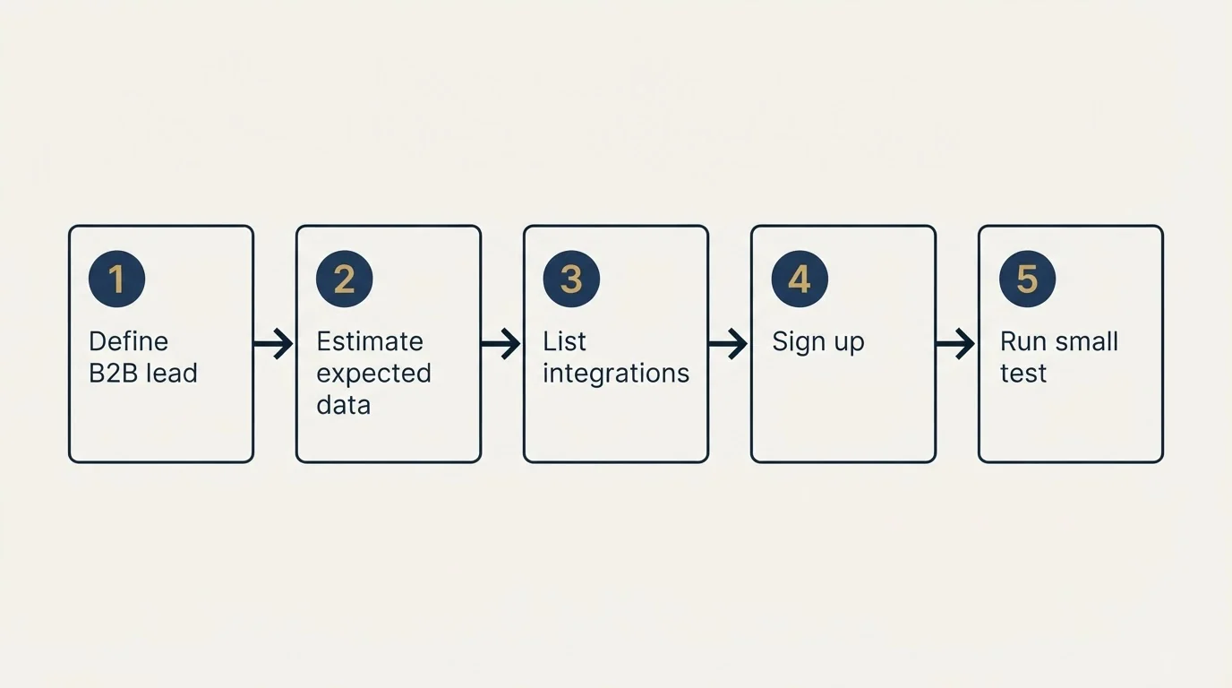 Step sequence: Getting Started Checklist (Define B2B lead, Estimate expected data, List integrations, Sign up)