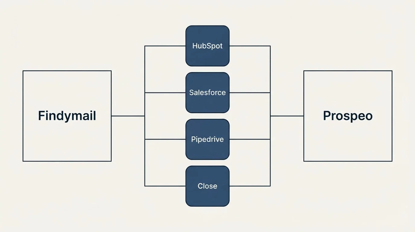 Integration flow: Integration Ecosystem (Findymail, Prospeo, HubSpot, Salesforce)