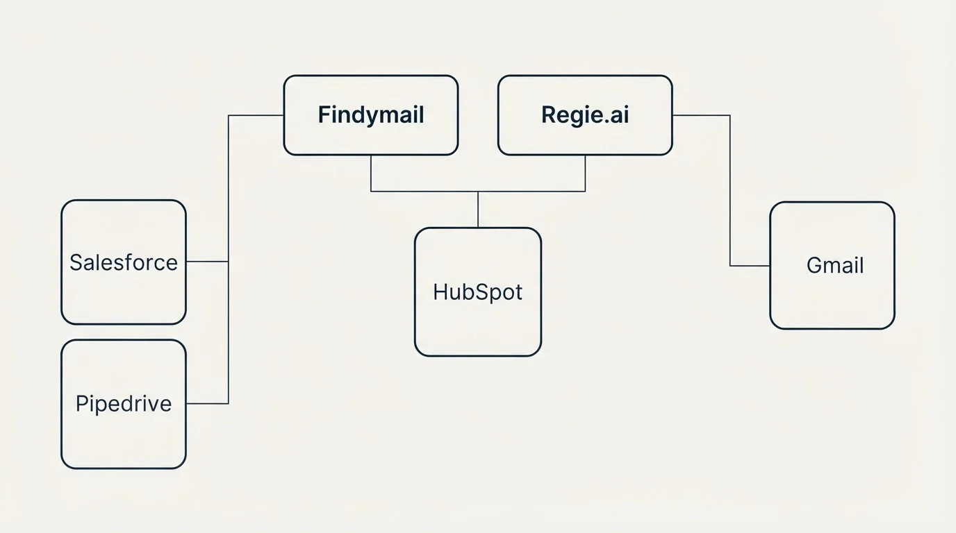 Integration grid: Integration Ecosystem (Findymail, Regie.ai, HubSpot, Salesforce)