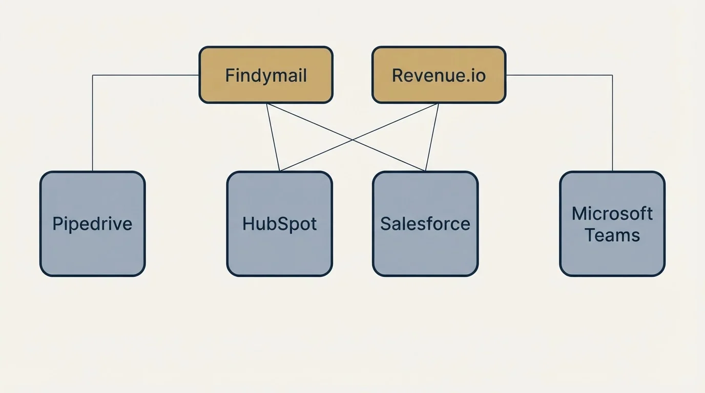 Integration grid: Integration Ecosystem (Findymail, Revenue.io, HubSpot, Salesforce)